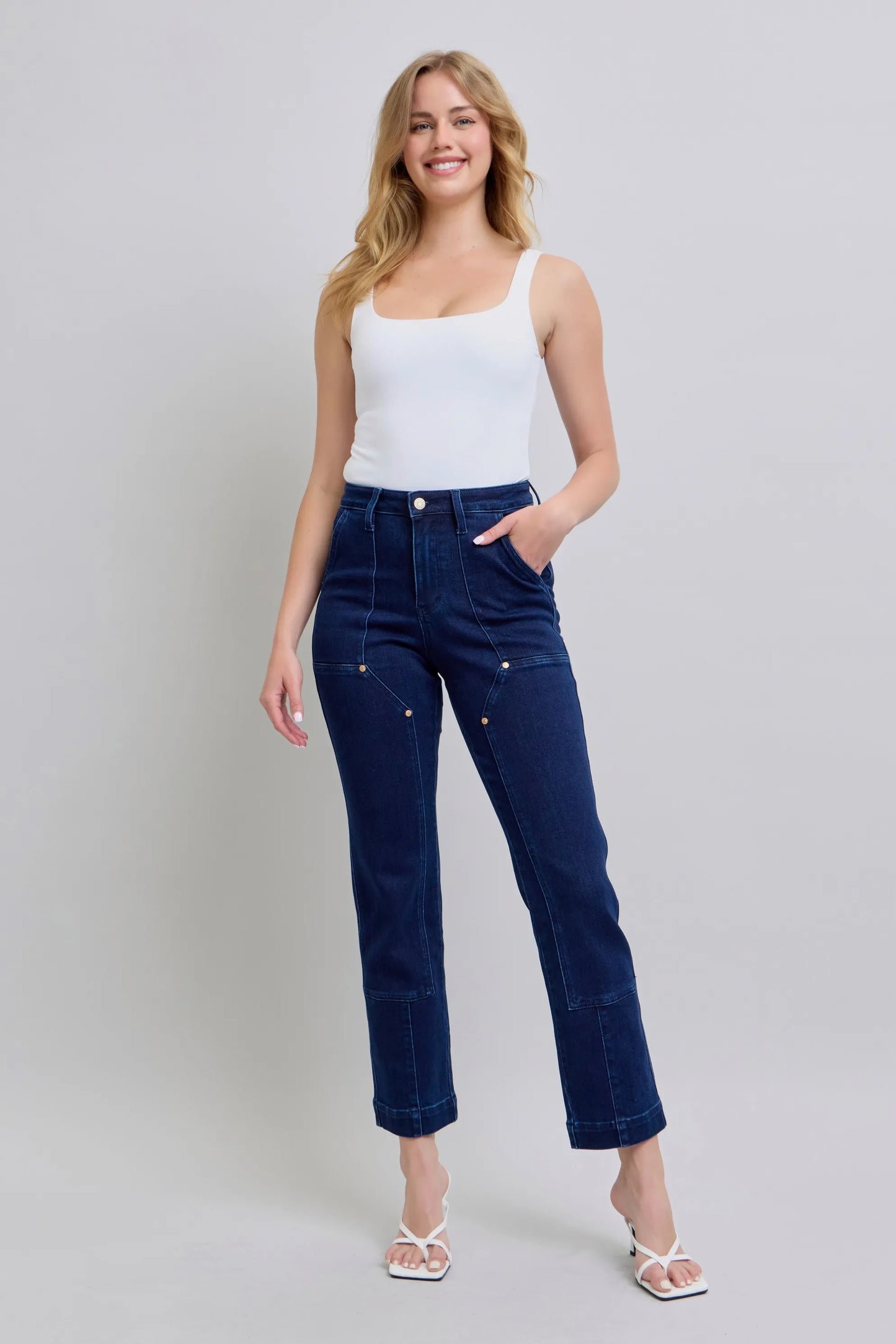 Judy Blue High Waist Knee Patch Straight Jeans in Dark in Dk