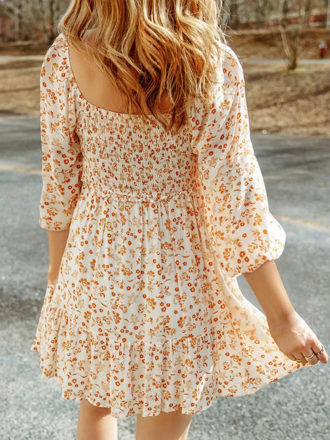 Smocked Floral Square Neck Dress in Apricot