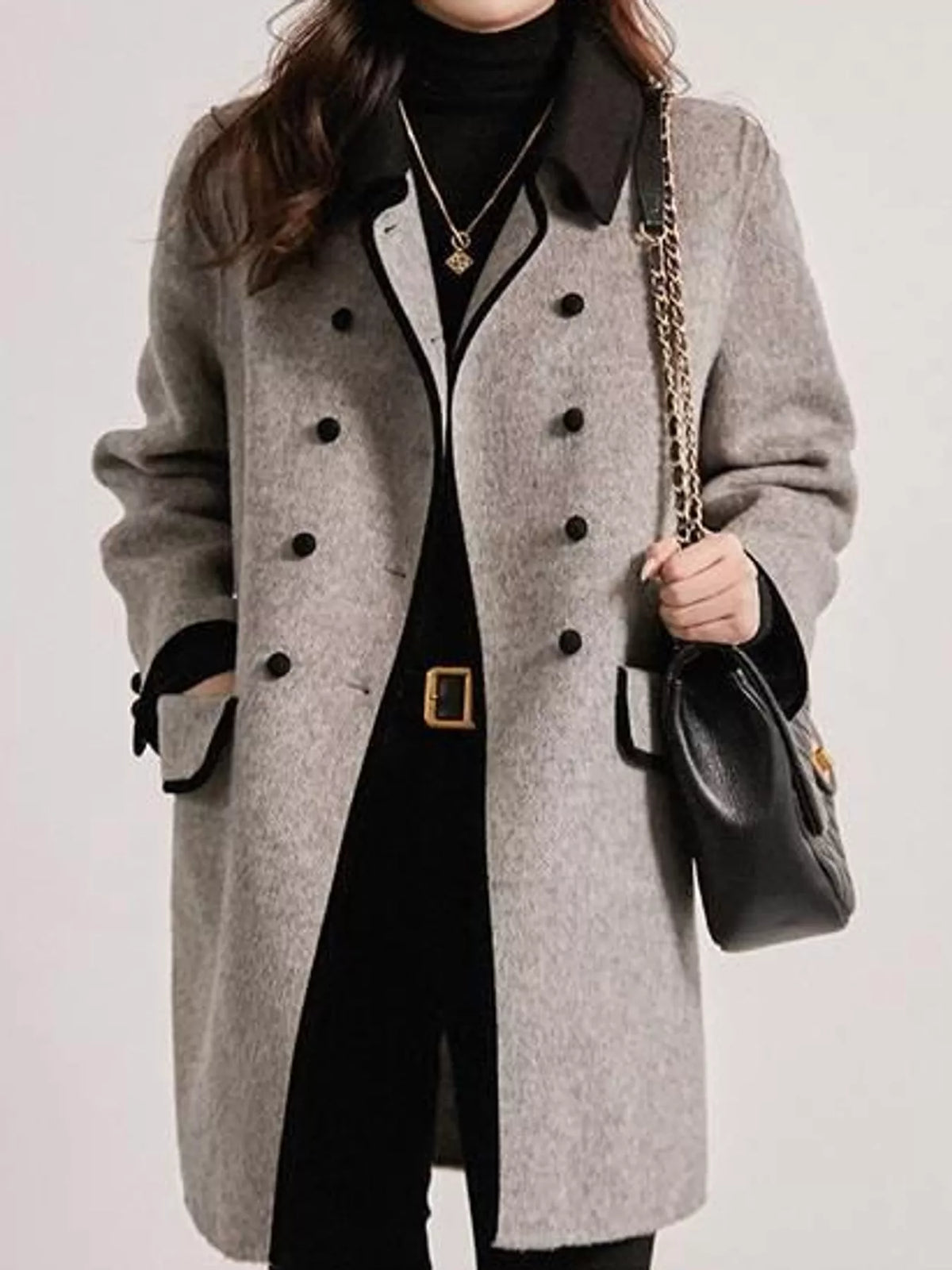 Double-Breasted Coat with Contrast Trim in Gray
