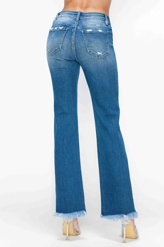 Raw Hem Distressed Mid Rise Straight Jeans in Medium Wash