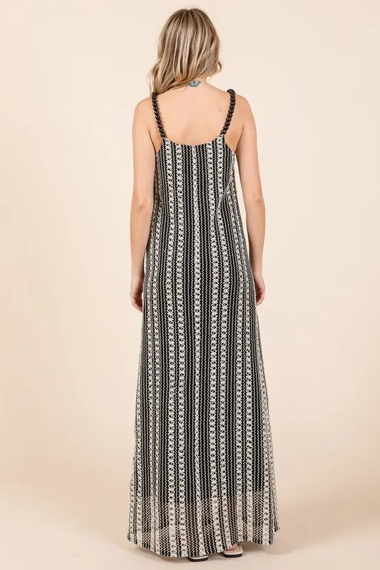 Striped Beaded Strap Maxi Dress in Black