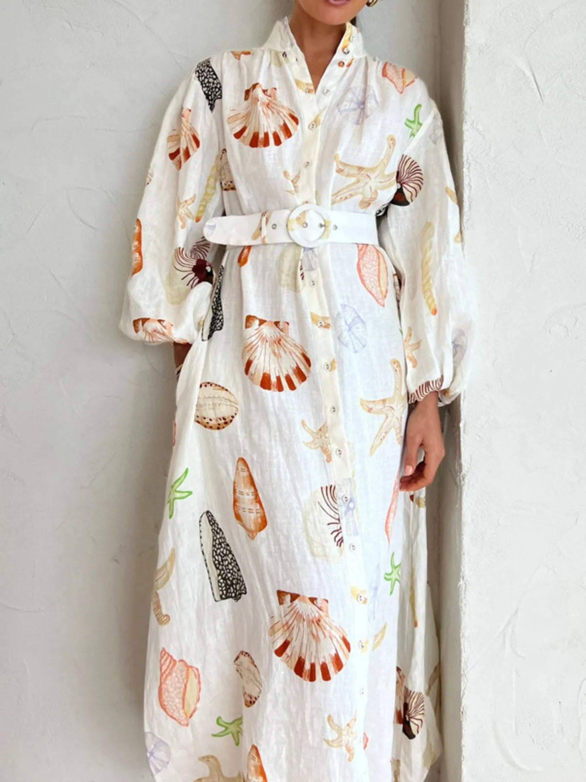 Printed Balloon Sleeve Maxi Shirt Dress in Beige