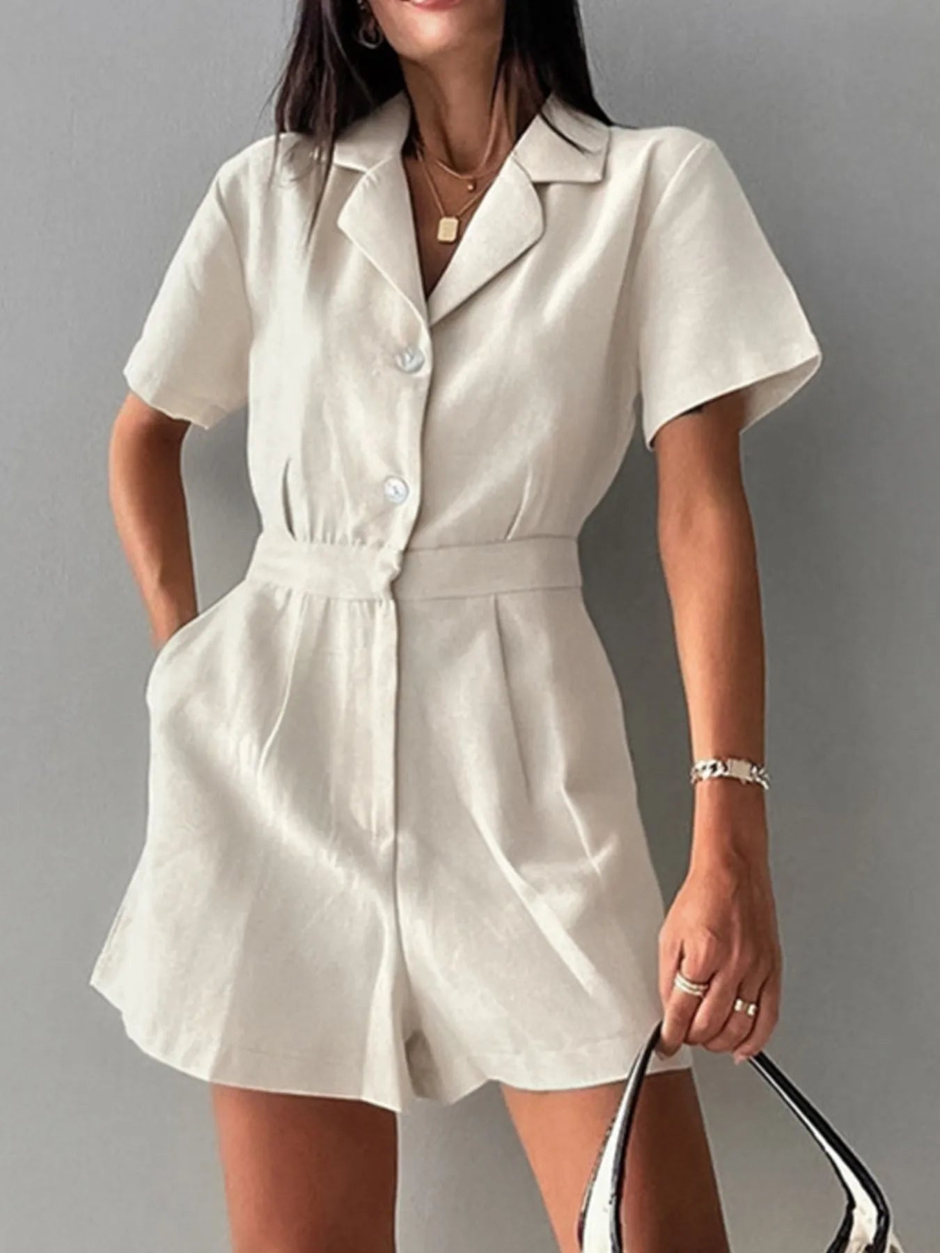 Button-Front Short Sleeve Romper in Beige