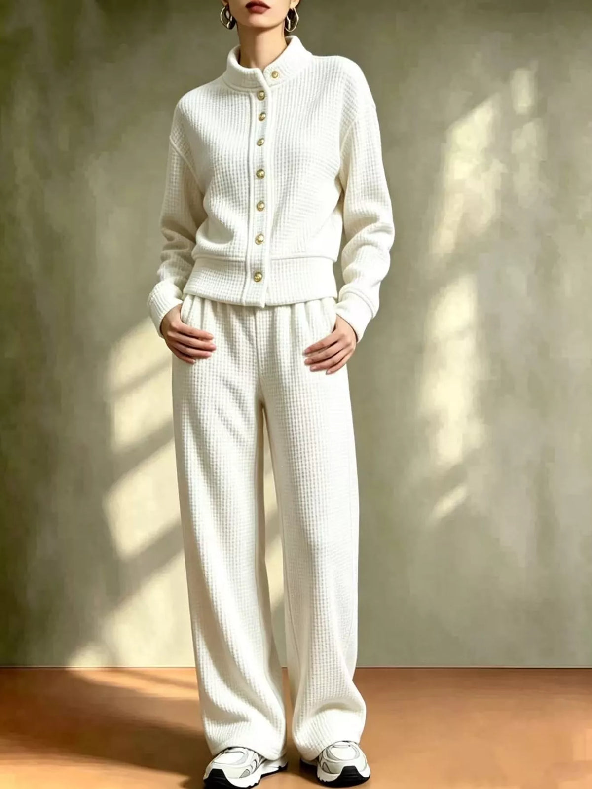 Waffle Knit Button-Up and Wide-Leg Pants Set