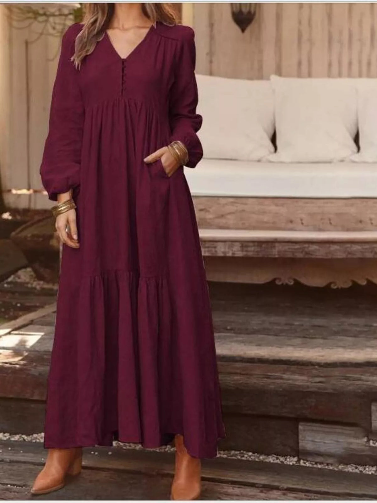 V-Neck Long Sleeve Tiered Maxi Dress with Pockets
