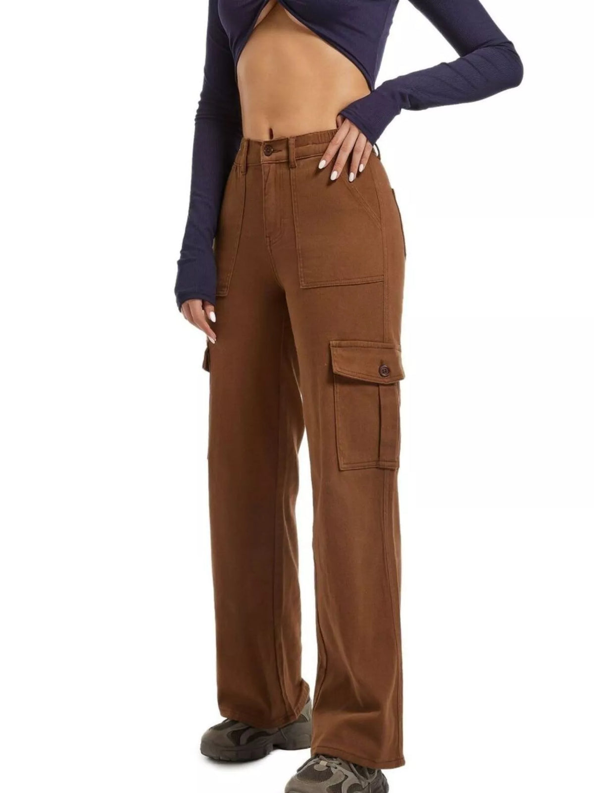 High-Waisted Cargo Jeans with Contrast Stitching