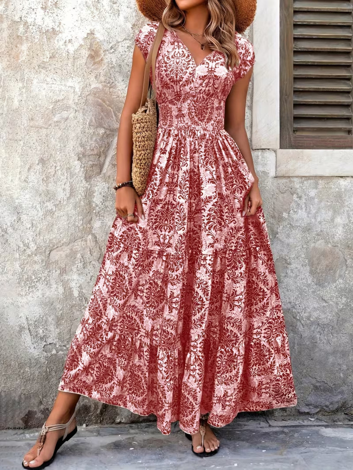 Printed Cap Sleeve Tiered Maxi Dress