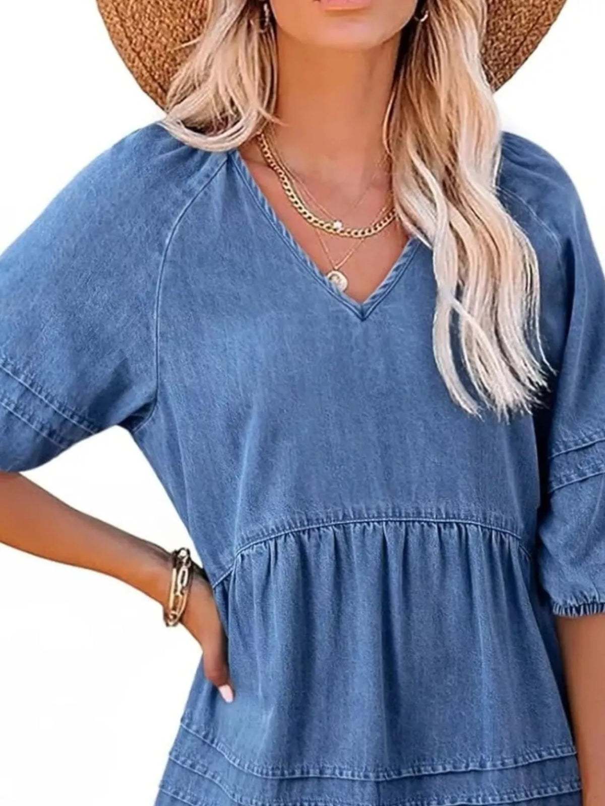 V-Neck Puff Sleeve Denim Mini Dress