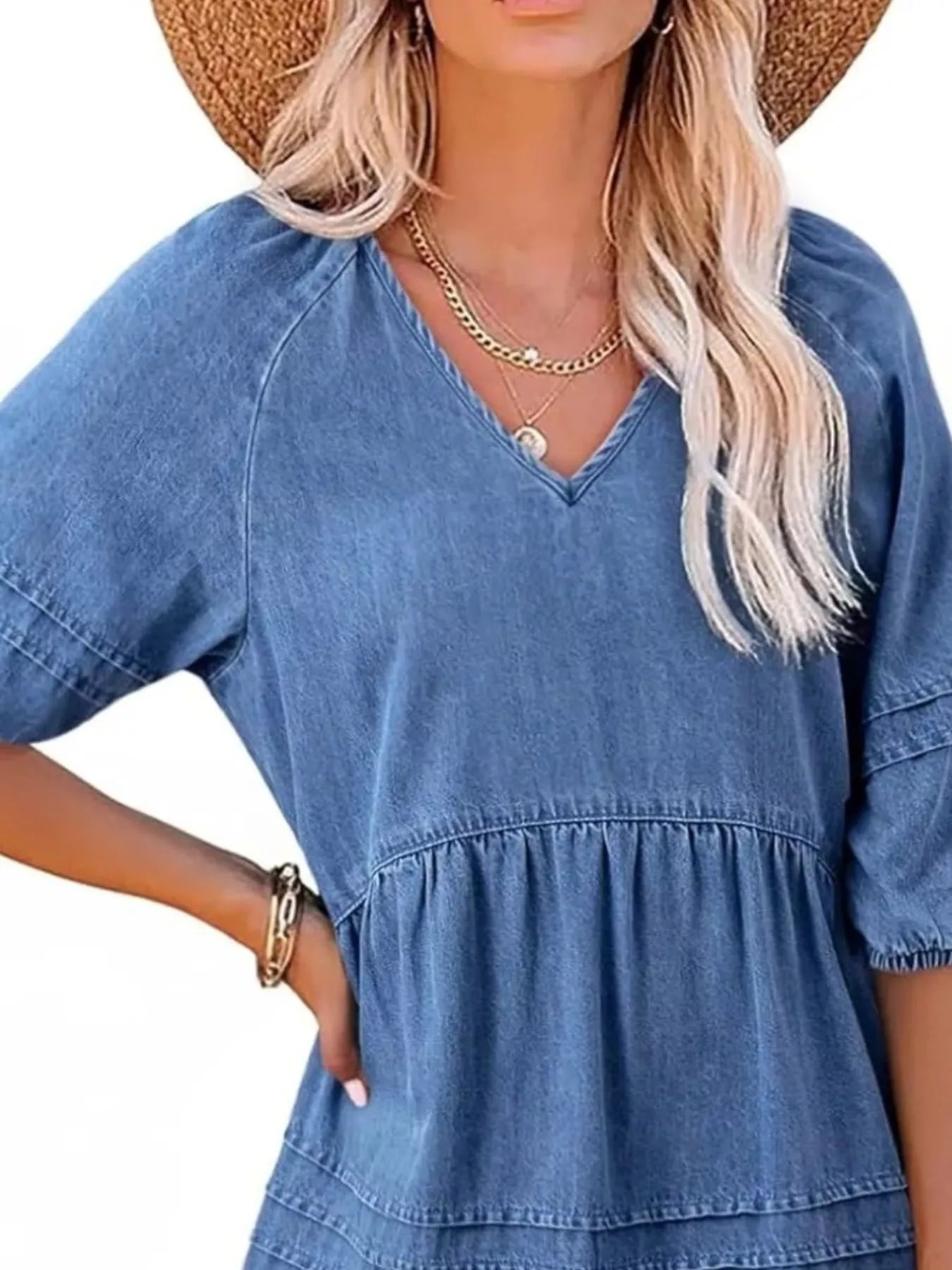 V-Neck Puff Sleeve Denim Mini Dress