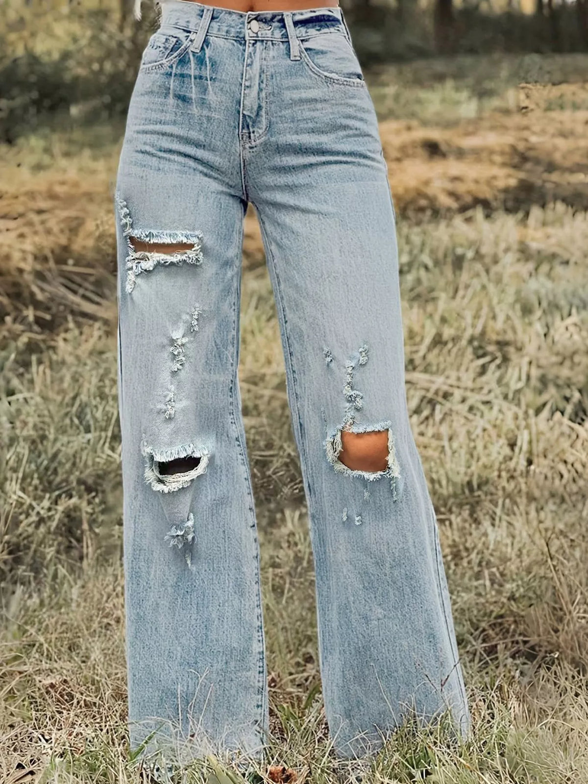 High-Waisted Distressed Wide-Leg Jeans in Peacock Blue