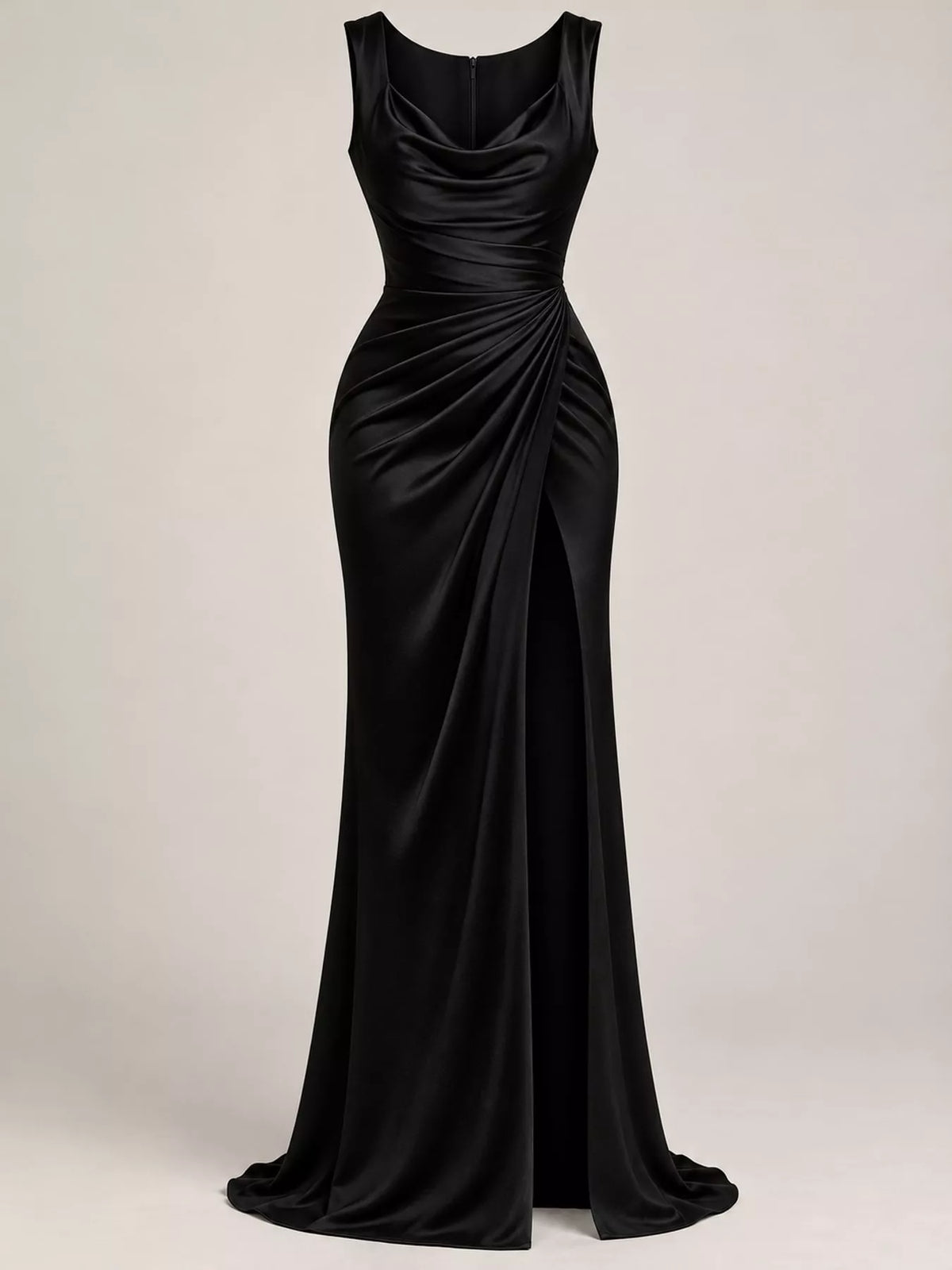 Satin Cowl Neck High-Slit Evening Maxi Dress