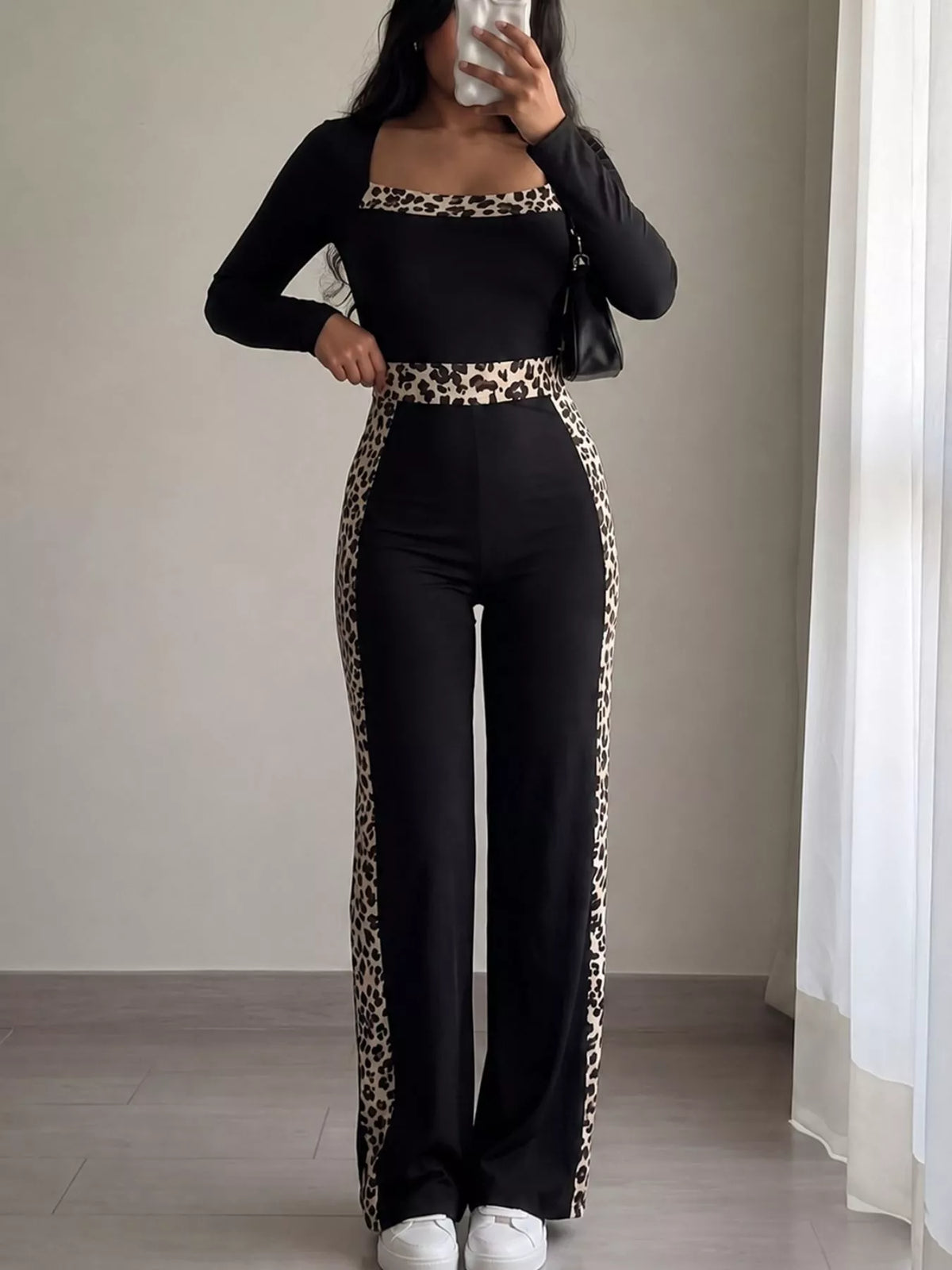 Leopard Trim Long Sleeve Jumpsuit in Black