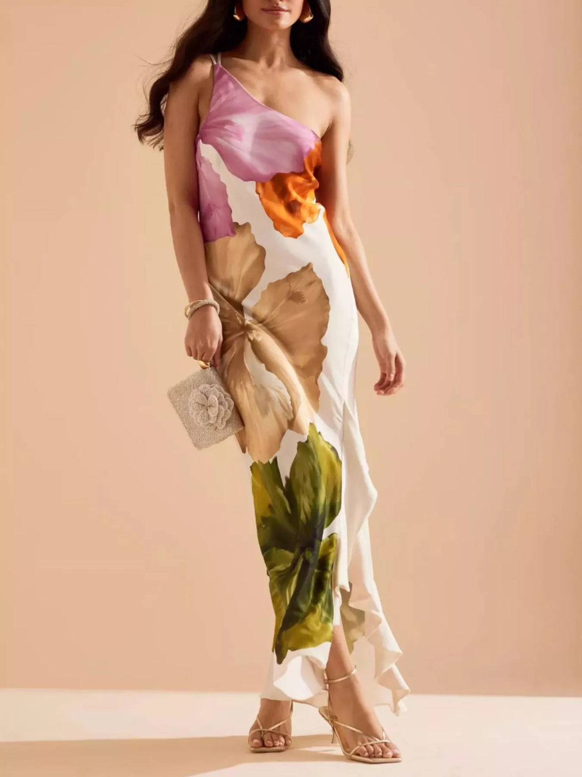 Floral One-Shoulder Ruffle Hem Maxi Dress in Multicolor