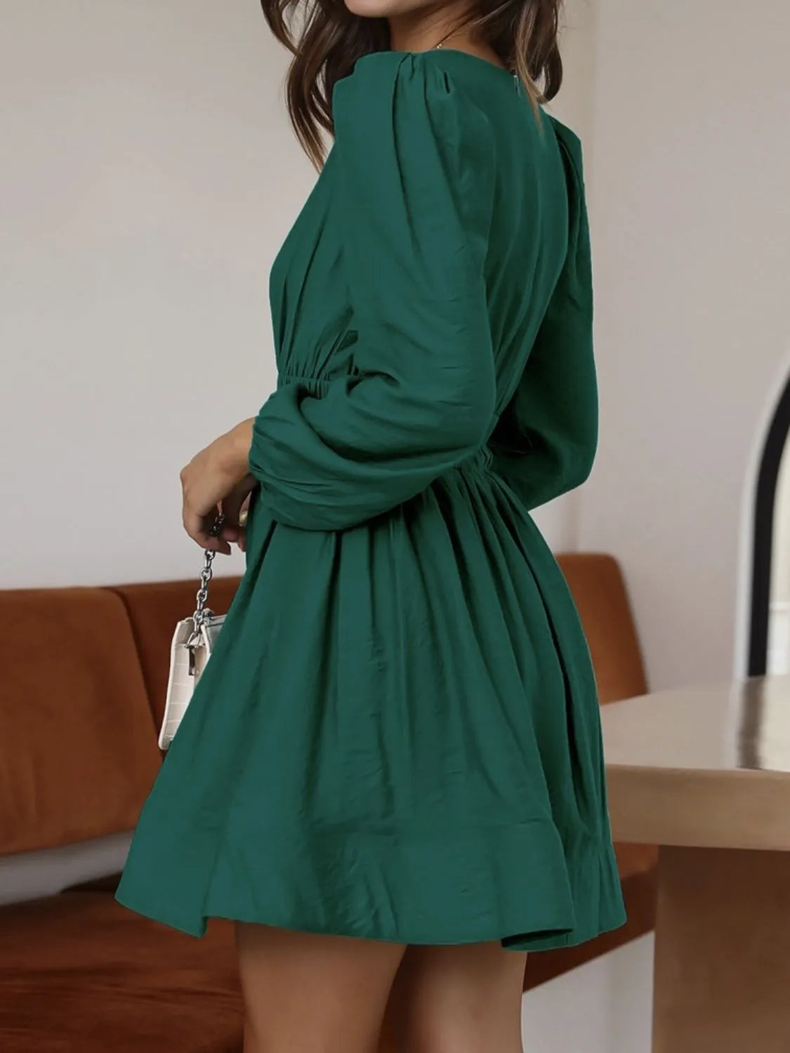Ruched V-Neck Balloon-Sleeve Mini Dress