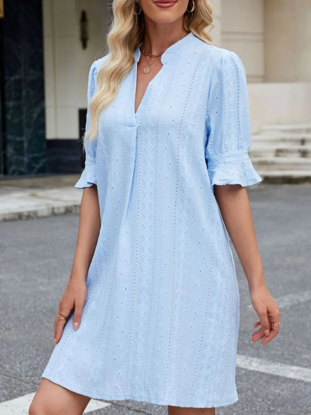 Eyelet Flounce Sleeve Mini Dress