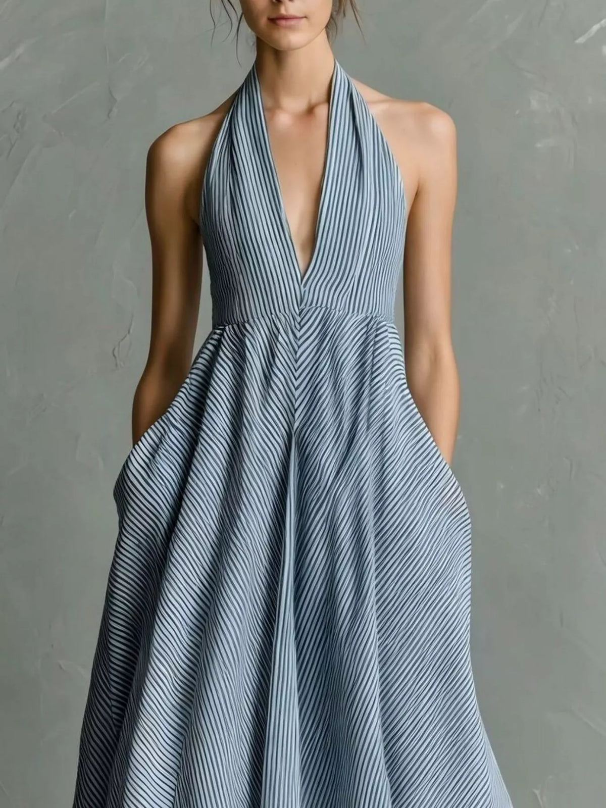 Striped Halter Maxi Dress with Pockets