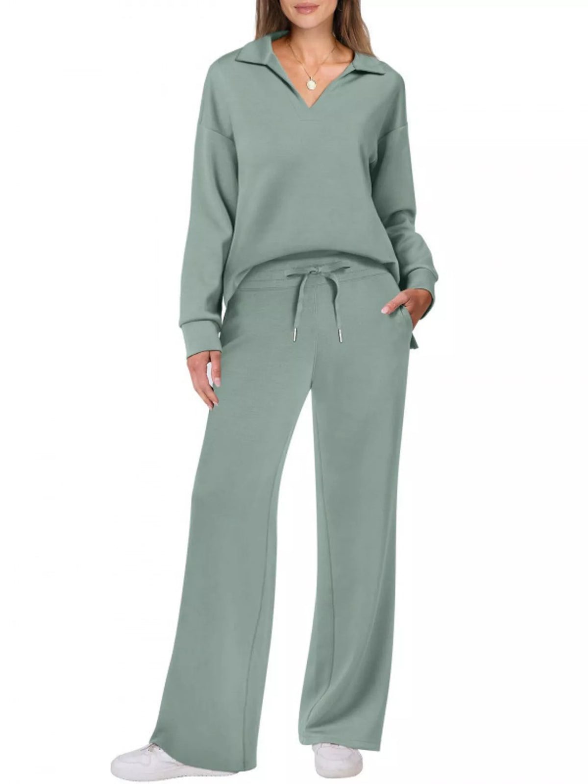 Dropped Shoulder Top and Drawstring Pant Set