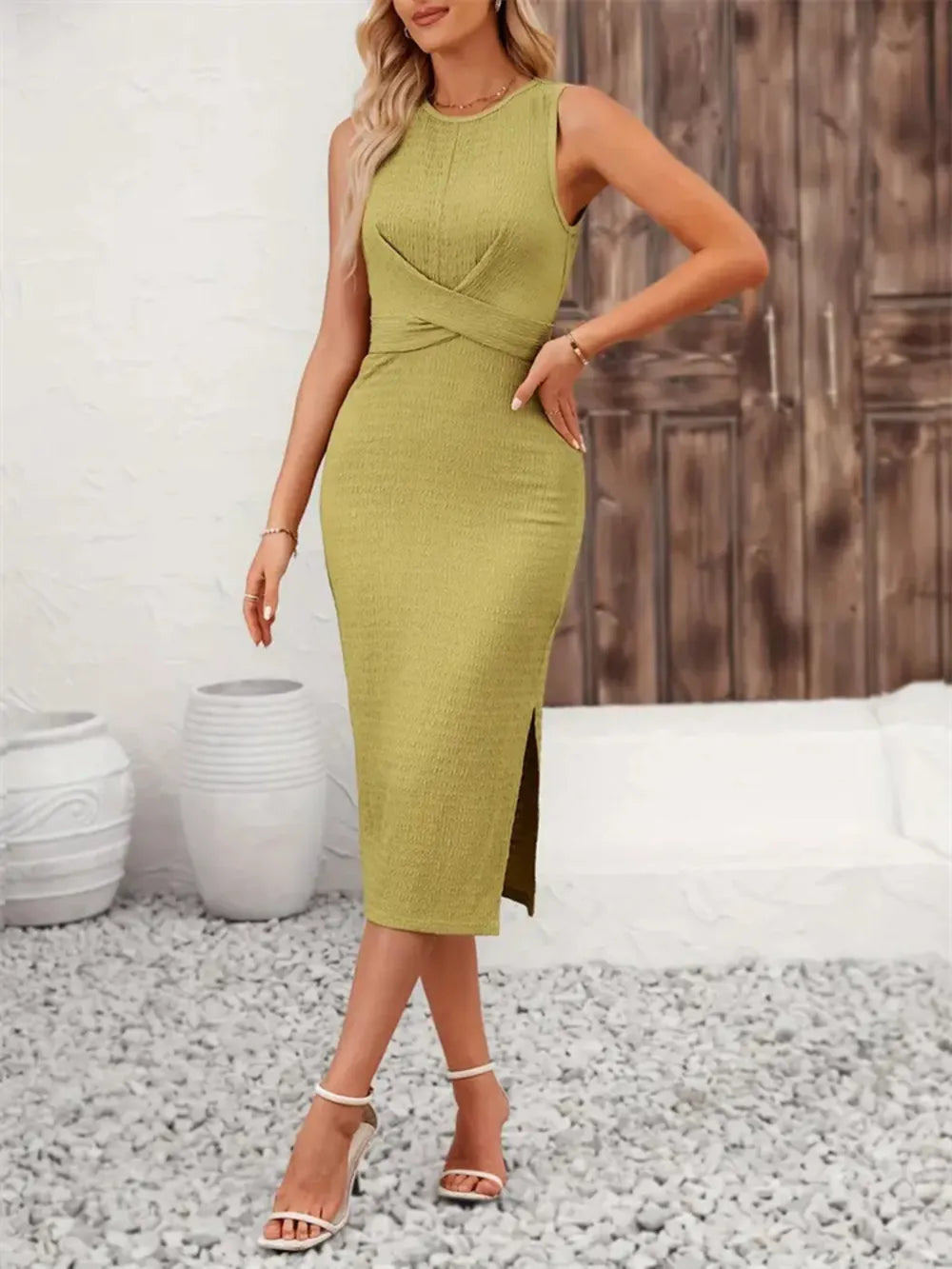 Back-Tie Slit Midi Dress in Chartreuse