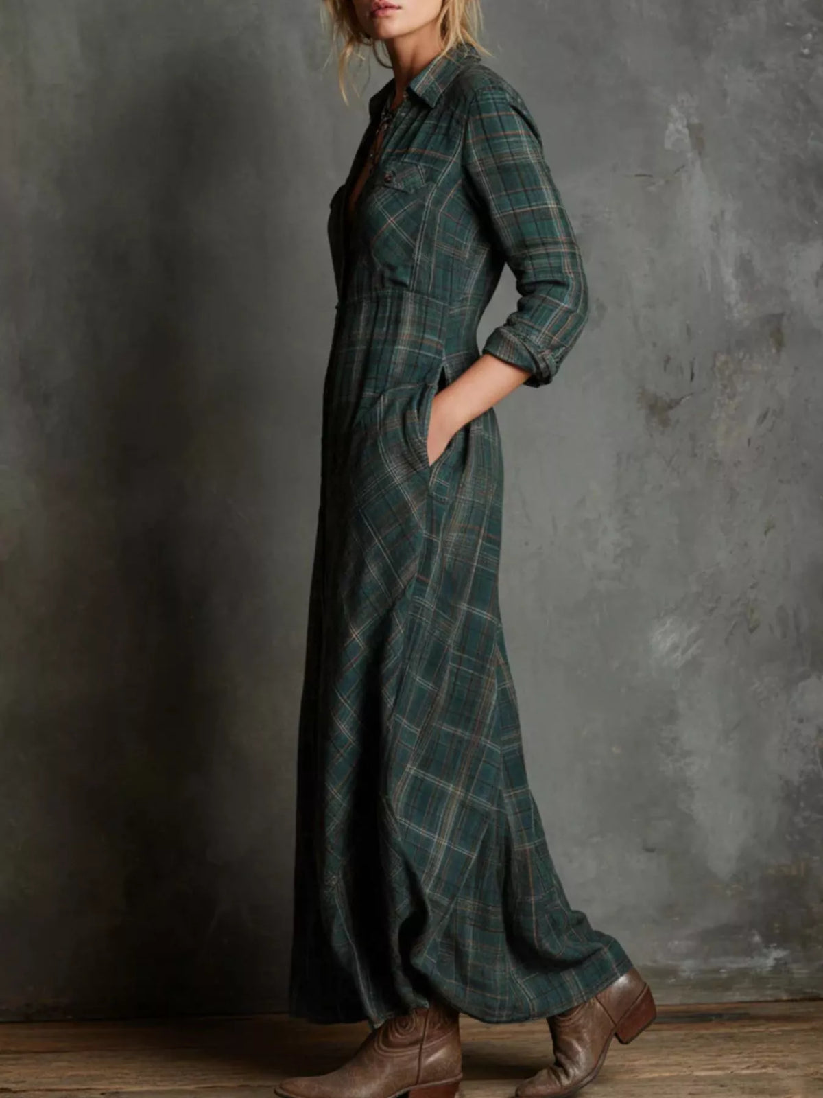 Plaid Button-Down Maxi Dress with Pockets