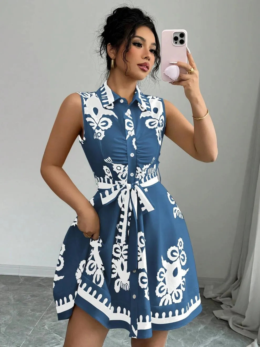 Printed Button-Front Sleeveless Dress