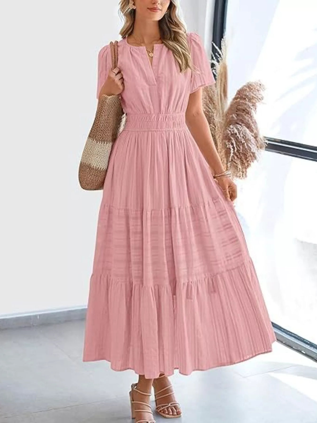 Short Sleeve Tiered Midi Dress with Pockets