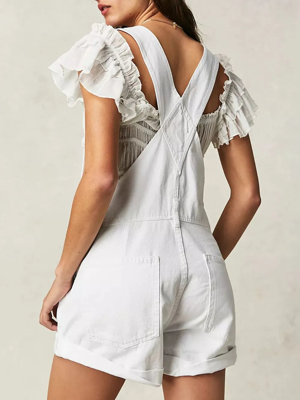 Wide Strap Square Neck Denim Overalls in White by Dreamy Drapes