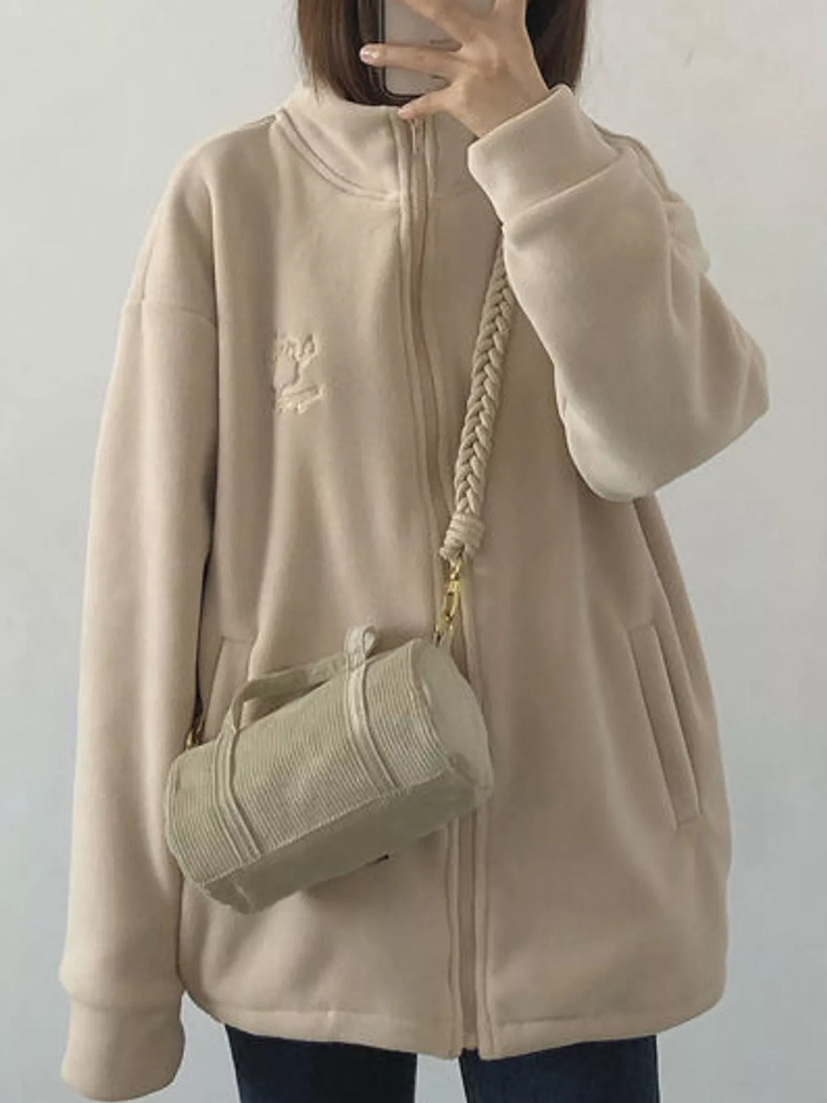Embroidered Fleece Stand-Collar Jacket