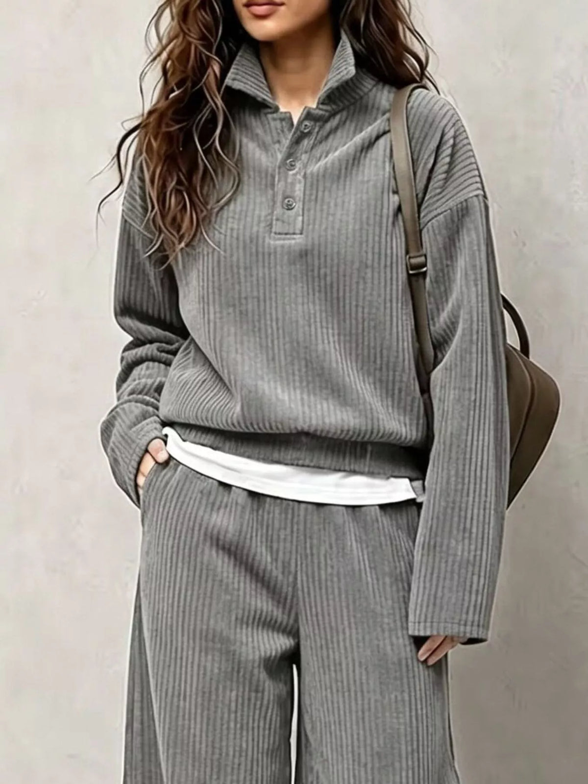 Corduroy Button-Front Top and Wide Leg Pants Set