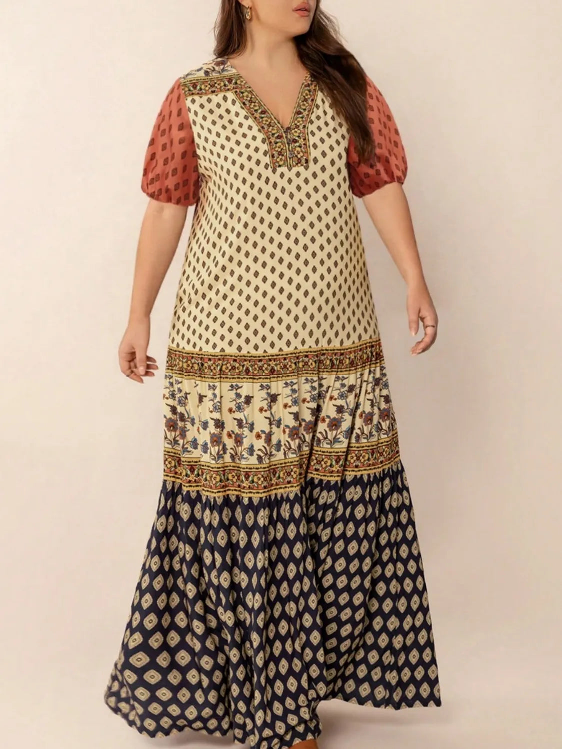 Ruched Short Sleeve Plus Size Midi Dress in Tan