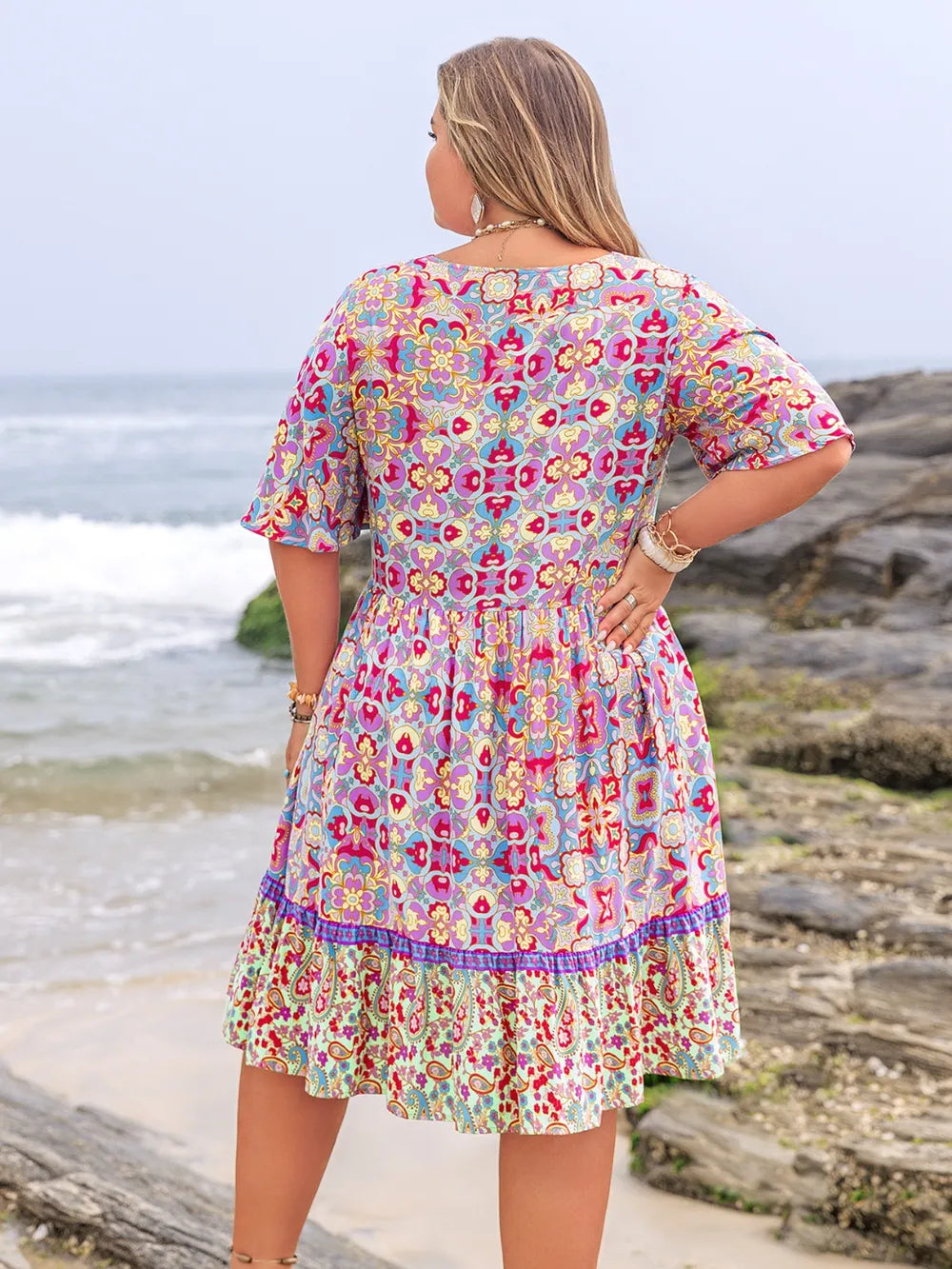Lace Detail Printed Half Sleeve Dress in Heliotrope Purple
