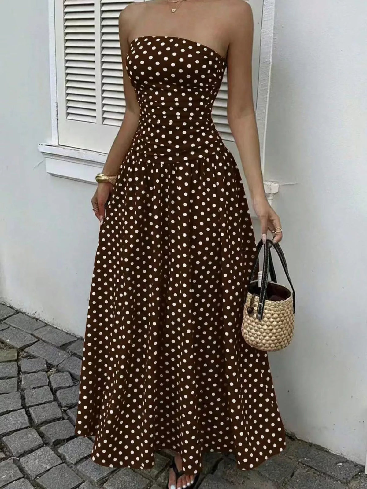 Strapless Polka Dot Ruched Maxi Dress