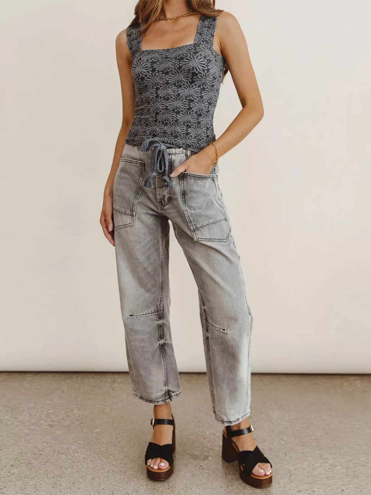 Drawstring Wide Leg Cropped Jeans by Dreamy Drapes