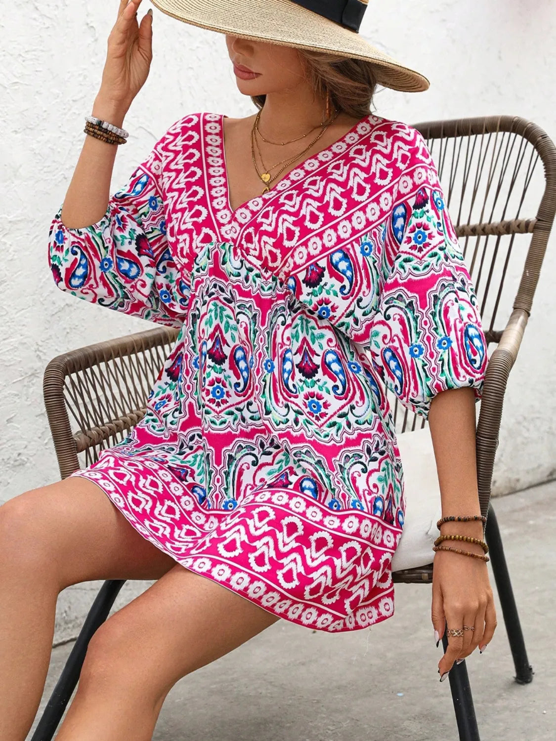 Printed Tie-Back Mini Dress in Hot Pink