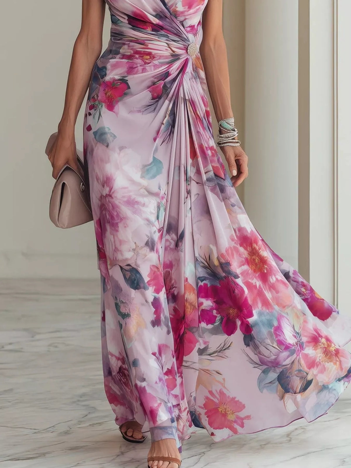Floral Print Ruched Maxi Dress in Moonlit Mauve