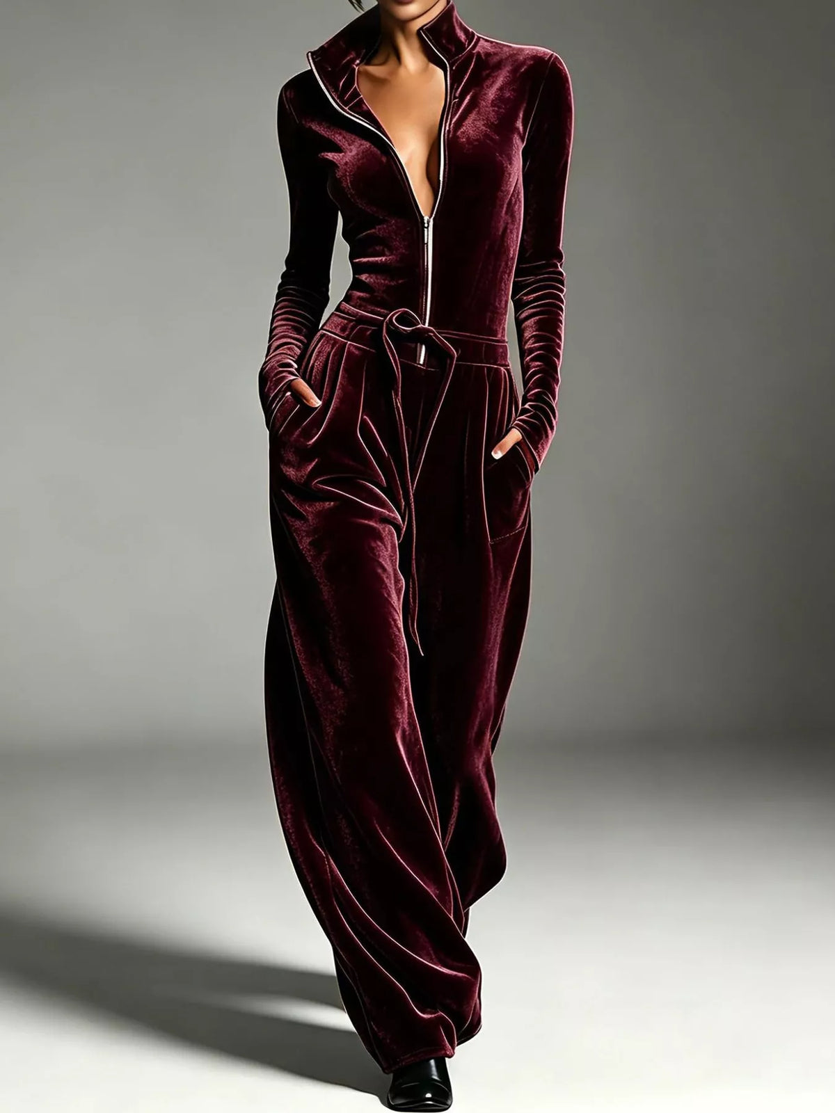 Velvet Zip-Up Jumpsuit with Tie Waist