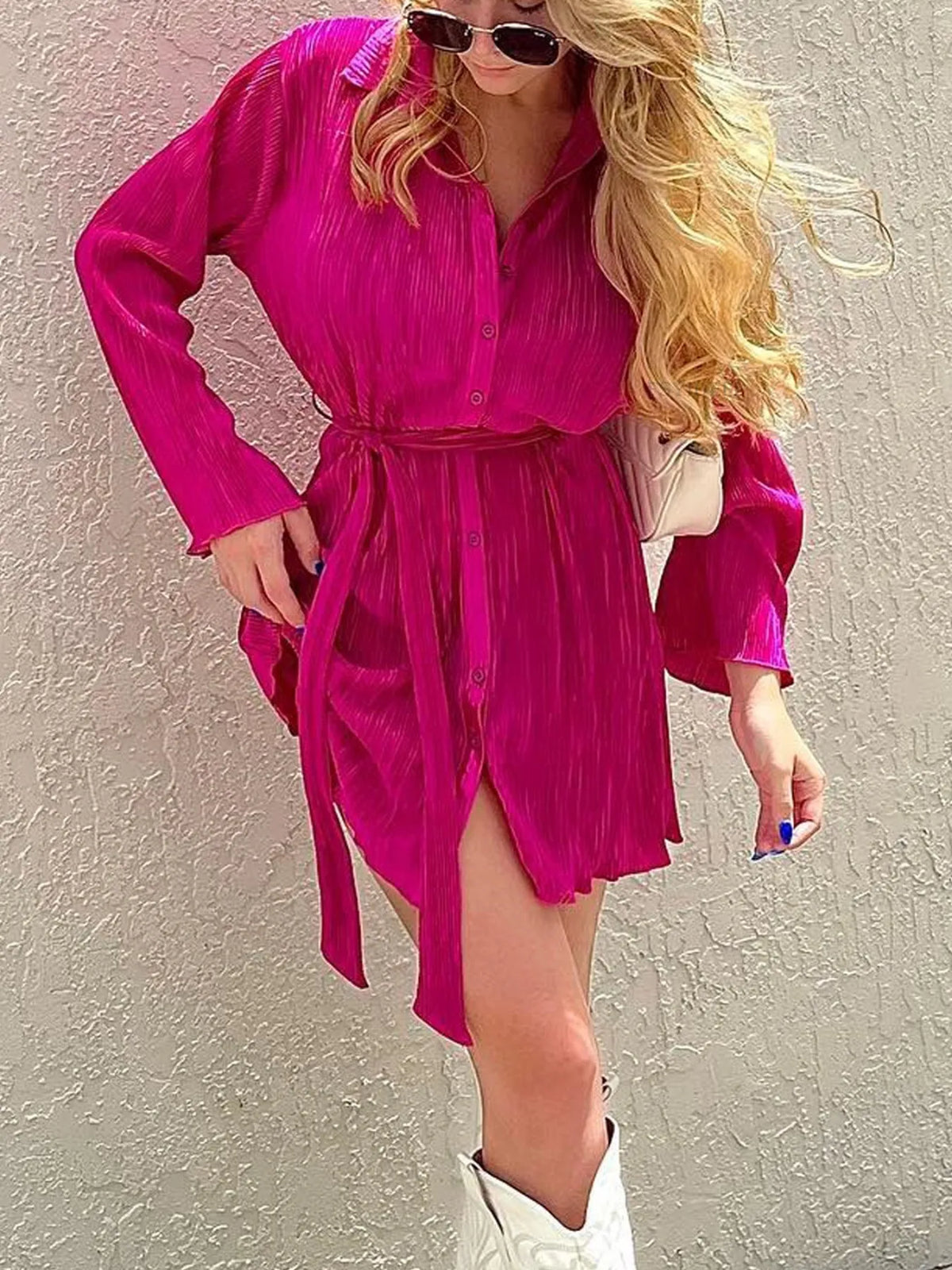 Printed Long-Sleeve Button-Front Mini Dress