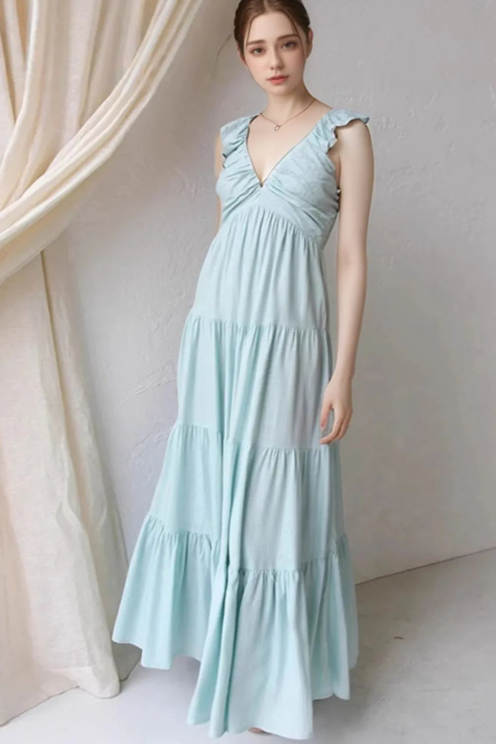 Ruffled V-Neck Tiered Cotton Dress