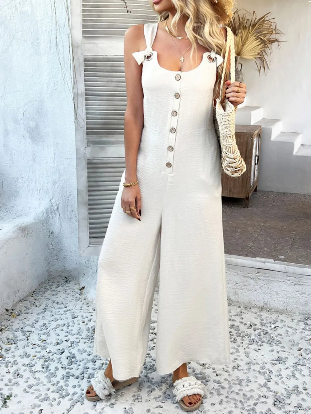 Button Front Wide Leg Jumpsuit