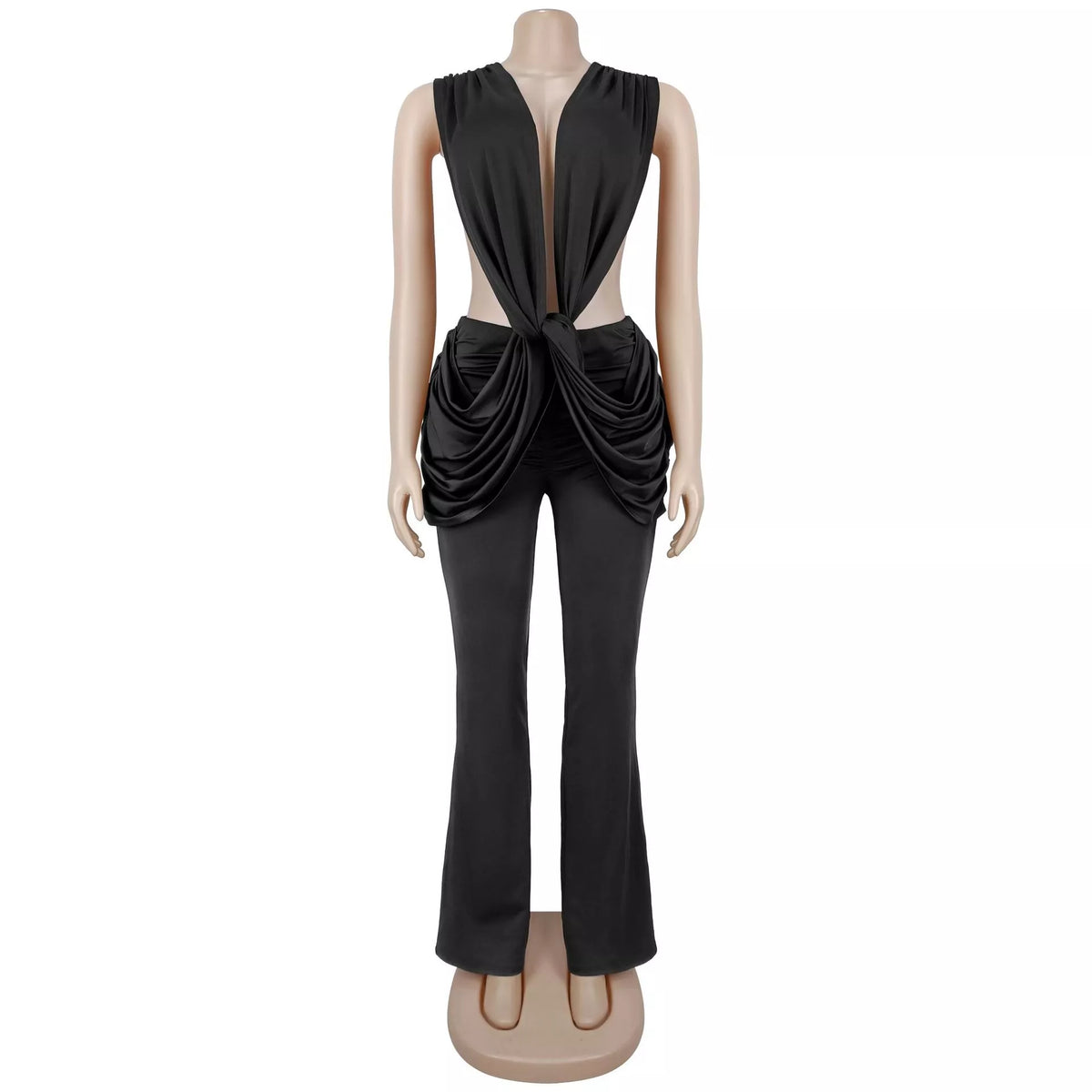 Deep V-Neck Knot-Front Flare Leg Jumpsuit