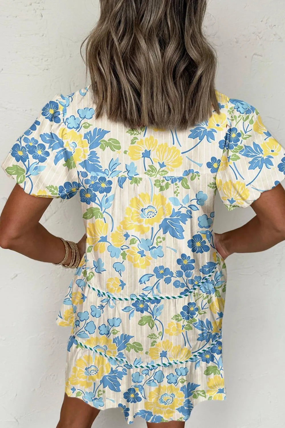 Floral Striped Trim Puff Short Sleeve Dress in Pastel Yellow