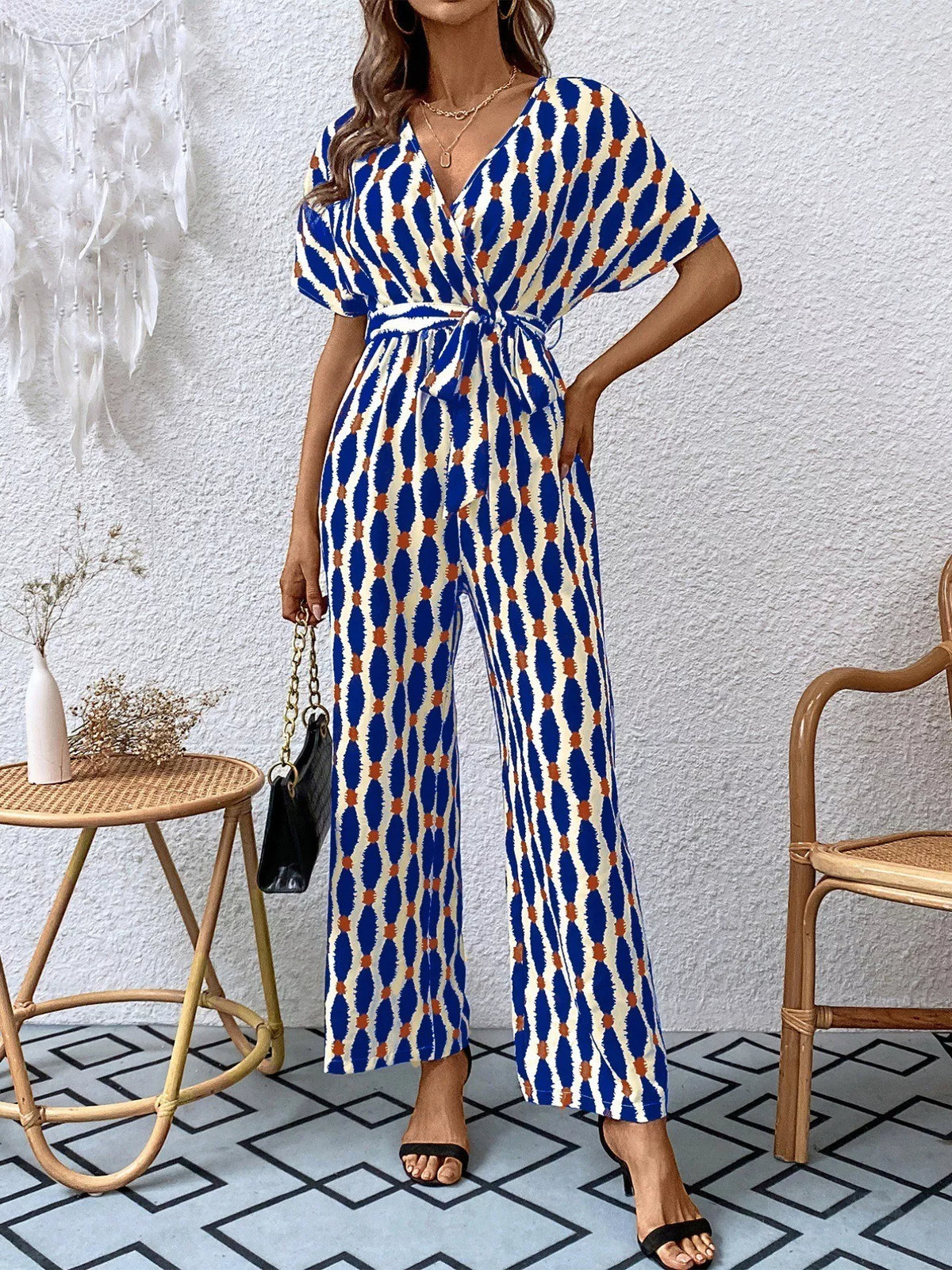 Surplice Tie Waist Short Sleeve Jumpsuit