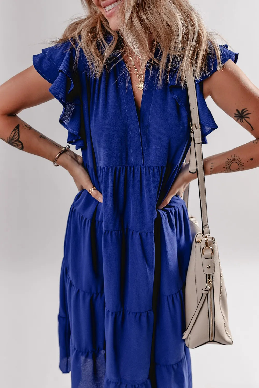Ruffled Collared Tiered Midi Dress in Light Indigo