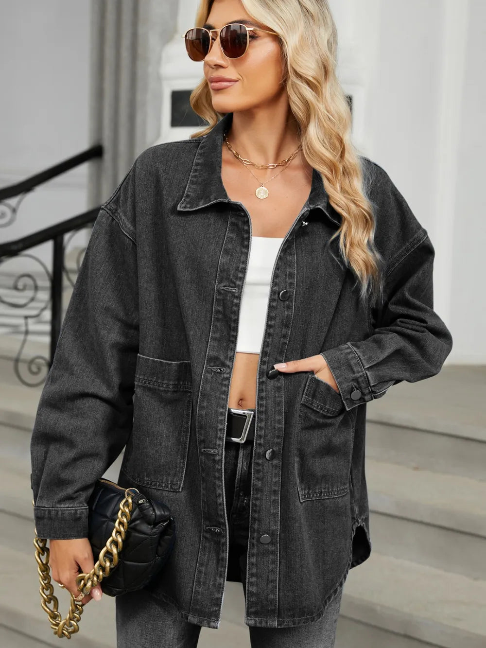 Removable Hood Button-Up Denim Jacket by Manny