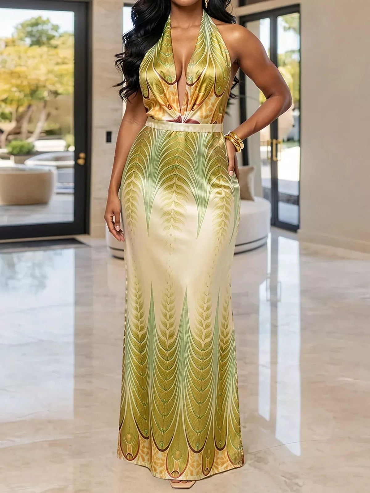 Halter Neck Maxi Dress with Gradient Leaf Print in Yellow-Green
