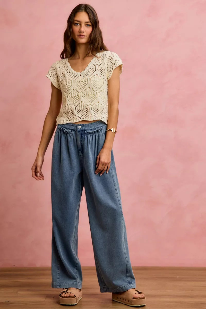 So Me Ruffled Front Wide Leg Jeans in Denim