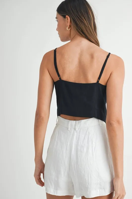Linen Mix Button-Down Tank Top in Black