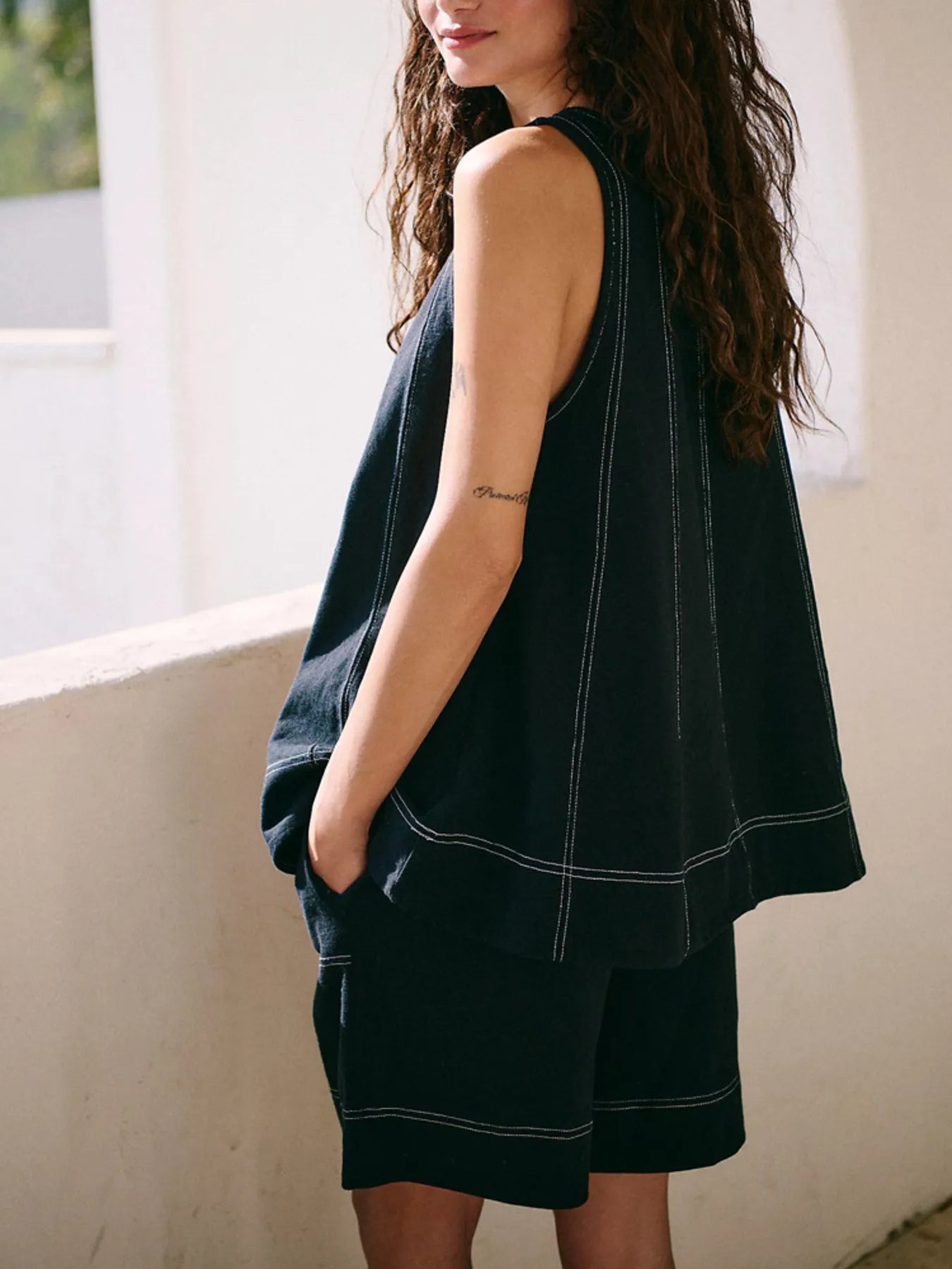 Contrast Stitch Denim Tank and Shorts Set