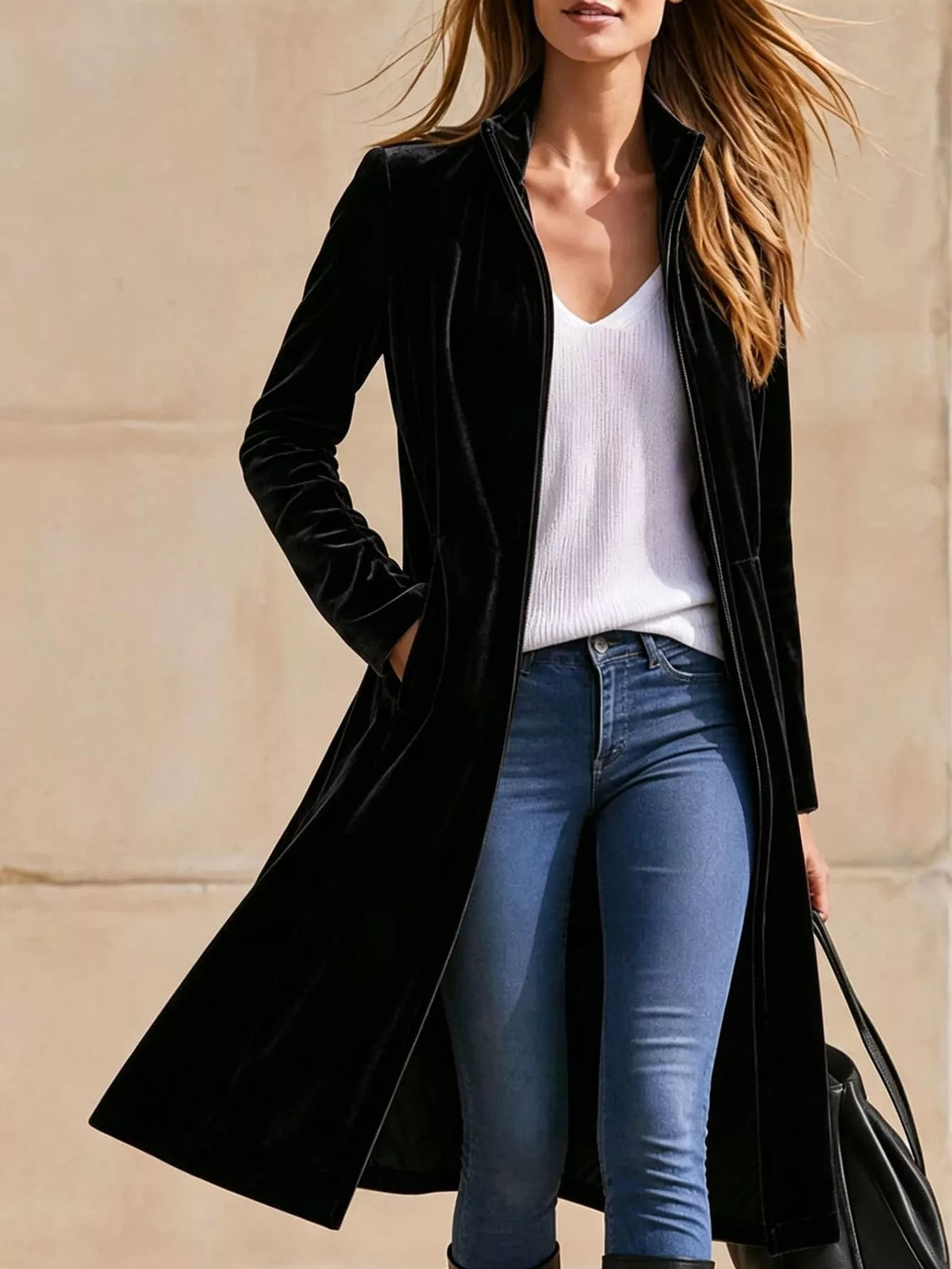 Velvet Zip-Up Longline Jacket