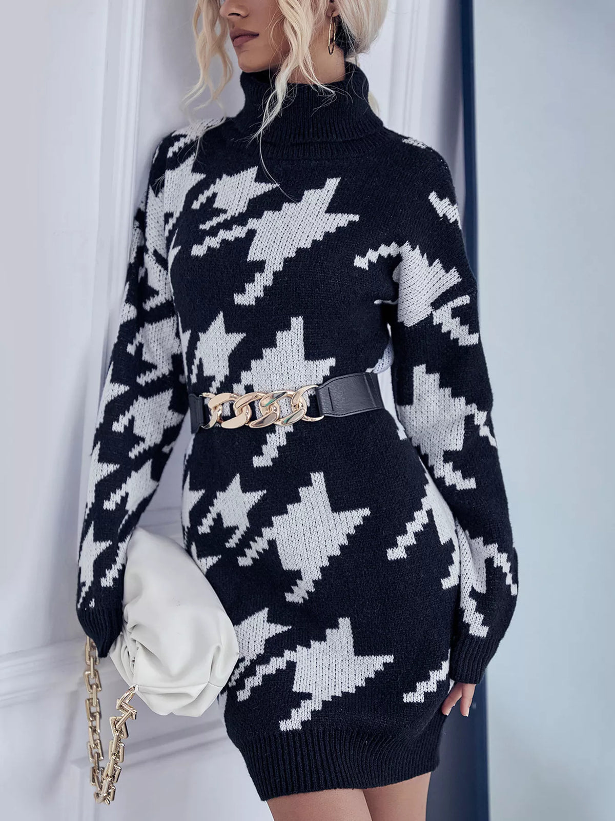 Houndstooth Turtleneck Sweater Dress in Black