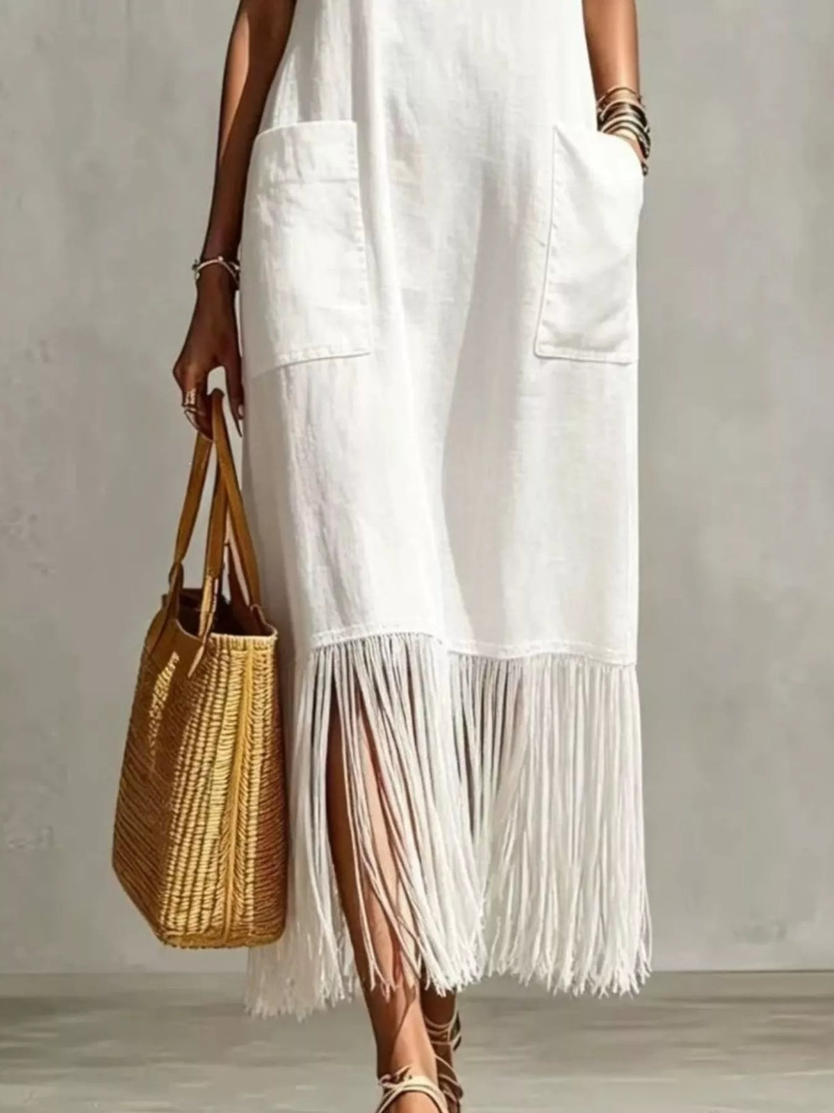 Fringe V-Neck Spaghetti Strap Dress in Blue